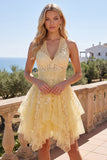Halter Butter Yellow A-Line Asymmetrical Graduation Dress
