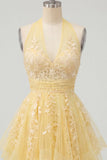 Halter Butter Yellow A-Line Asymmetrical Graduation Dress