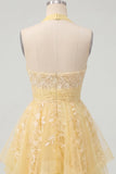 Halter Butter Yellow A-Line Asymmetrical Graduation Dress