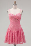 Hot Pink A-Line Spaghetti Straps Cocktail Dress with Bow