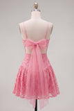 Hot Pink A-Line Spaghetti Straps Cocktail Dress with Bow