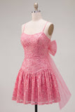 Hot Pink A-Line Spaghetti Straps Cocktail Dress with Bow