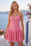Hot Pink A-Line Spaghetti Straps Cocktail Dress with Bow
