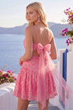 Hot Pink A-Line Spaghetti Straps Cocktail Dress with Bow