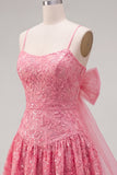 Hot Pink A-Line Spaghetti Straps Cocktail Dress with Bow