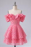 Off the Shoulder Hot Pink A-Line Ruffled Cocktail Dress