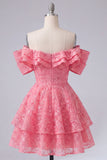 Off the Shoulder Hot Pink A-Line Ruffled Cocktail Dress