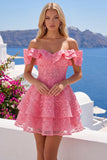 Off the Shoulder Hot Pink A-Line Ruffled Cocktail Dress