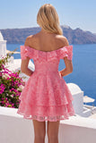 Off the Shoulder Hot Pink A-Line Ruffled Cocktail Dress