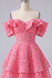 Off the Shoulder Hot Pink A-Line Ruffled Cocktail Dress
