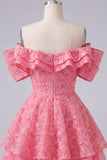 Off the Shoulder Hot Pink A-Line Ruffled Cocktail Dress