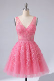 A-Line Hot Pink V-Neck Tulle Cocktail Dress