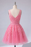 A-Line Hot Pink V-Neck Tulle Cocktail Dress