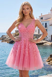 A-Line Hot Pink V-Neck Tulle Cocktail Dress