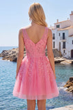 A-Line Hot Pink V-Neck Tulle Cocktail Dress