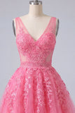 A-Line Hot Pink V-Neck Tulle Cocktail Dress