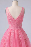 A-Line Hot Pink V-Neck Tulle Cocktail Dress