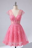 Hot Pink Sheer Corset A-Line V-Neck Cocktail Dress with Cap Sleeves
