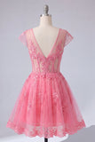 Hot Pink Sheer Corset A-Line V-Neck Cocktail Dress with Cap Sleeves