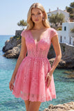 Hot Pink Sheer Corset A-Line V-Neck Cocktail Dress with Cap Sleeves