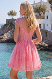 Hot Pink Sheer Corset A-Line V-Neck Cocktail Dress with Cap Sleeves