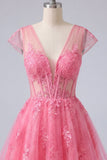 Hot Pink Sheer Corset A-Line V-Neck Cocktail Dress with Cap Sleeves