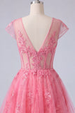 Hot Pink Sheer Corset A-Line V-Neck Cocktail Dress with Cap Sleeves