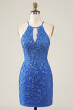 Royal Blue Bodycon Halter Lace Up Back Cocktail Dress with Keyhole