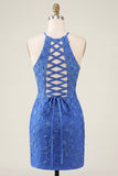 Royal Blue Bodycon Halter Lace Up Back Cocktail Dress with Keyhole