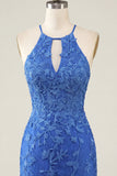 Royal Blue Bodycon Halter Lace Up Back Cocktail Dress with Keyhole