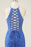 Royal Blue Bodycon Halter Lace Up Back Cocktail Dress with Keyhole
