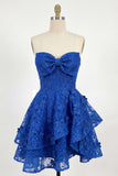 Royal Blue A-Line Strapless Ruffled Cocktail Dress with Bow