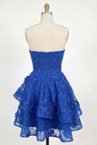 Royal Blue A-Line Strapless Ruffled Cocktail Dress with Bow