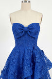 Royal Blue A-Line Strapless Ruffled Cocktail Dress with Bow