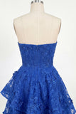 Royal Blue A-Line Strapless Ruffled Cocktail Dress with Bow