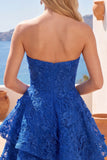 Royal Blue A-Line Strapless Ruffled Cocktail Dress with Bow