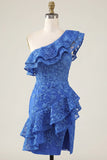 One Shoulder Royal Blue Ruffled Bodycon Mini Cocktail Dress with Slit