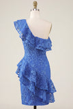 One Shoulder Royal Blue Ruffled Bodycon Mini Cocktail Dress with Slit