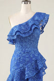 One Shoulder Royal Blue Ruffled Bodycon Mini Cocktail Dress with Slit