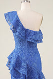 One Shoulder Royal Blue Ruffled Bodycon Mini Cocktail Dress with Slit