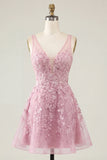 Pink A-Line V-Neck Short Cocktail Dress
