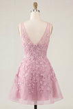 Pink A-Line V-Neck Short Cocktail Dress