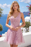 Pink A-Line V-Neck Short Cocktail Dress