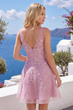 Pink A-Line V-Neck Short Cocktail Dress
