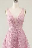 Pink A-Line V-Neck Short Cocktail Dress