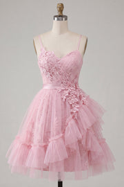 Pink A-Line Spaghetti Straps Cocktail Dress with Ruffles