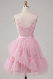 Pink A-Line Spaghetti Straps Cocktail Dress with Ruffles