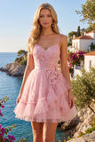 Pink A-Line Spaghetti Straps Cocktail Dress with Ruffles