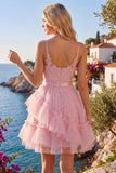 Pink A-Line Spaghetti Straps Cocktail Dress with Ruffles