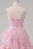 Pink A-Line Spaghetti Straps Cocktail Dress with Ruffles